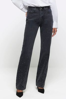 Black Embellished Stove Pipe Straight Jeans from River Island