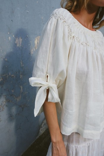 Linen Honeycomb Pleat Smock Neck Blouse, $196 | Innika Choo