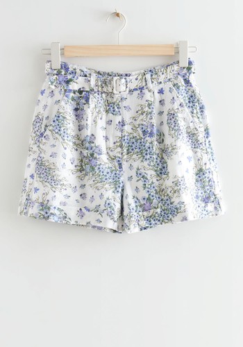 Printed Belted Linen Shorts