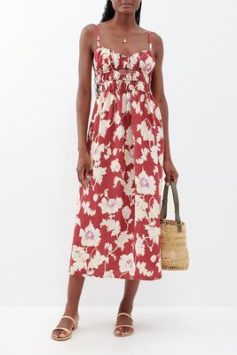 Hayley Floral-Print Shirred Midi Dress from Posse