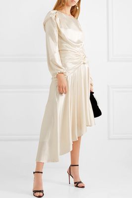 Amber Ruched Silk Satin Midi Dress from Preen by Thornton Bregazzi