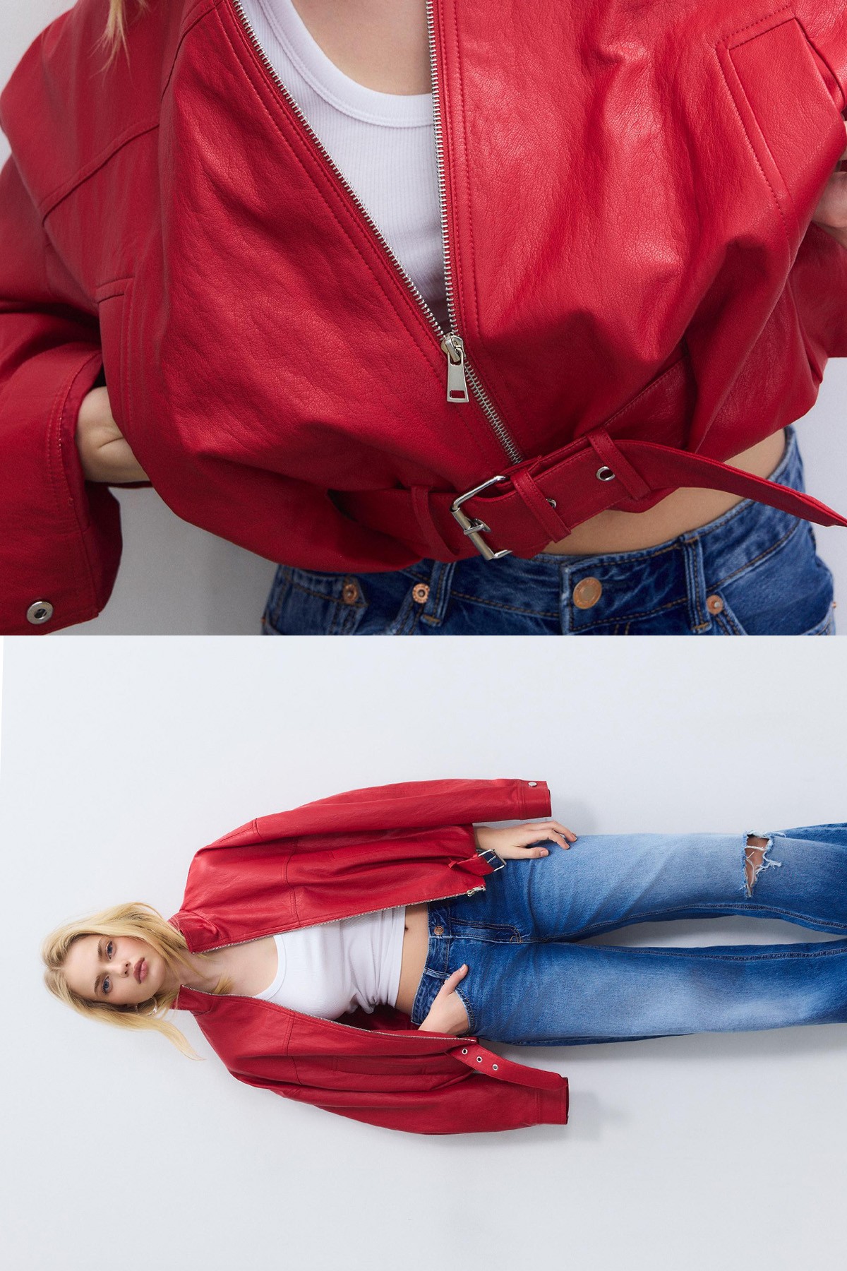 Leather Effect Balloon Jacket With Belt Detail