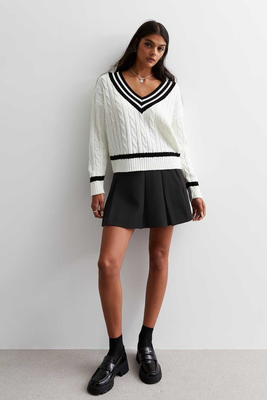 Cable Knit V Neck Varsity Jumper from New Look