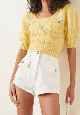 Floral-Embroidered Cable-Knit Cropped Sweater from Alessandra Rich