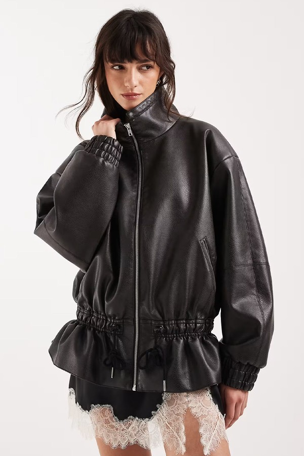 Toggle Waist Leather Look Funnel Zip Through Jacket