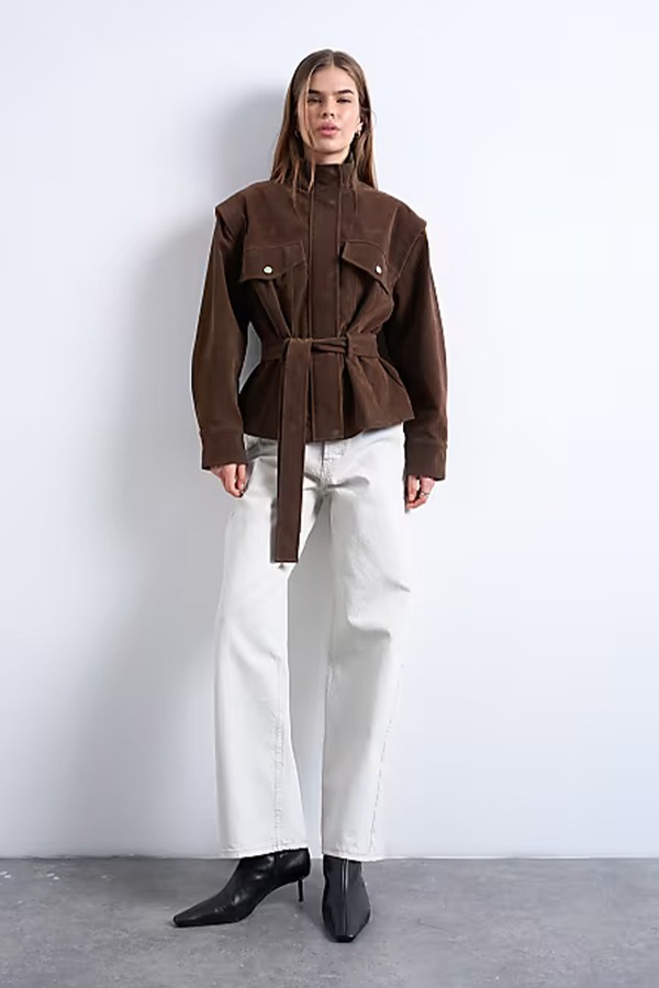 Faux Suede Low Belted Funnel Neck Jacket from Topshop