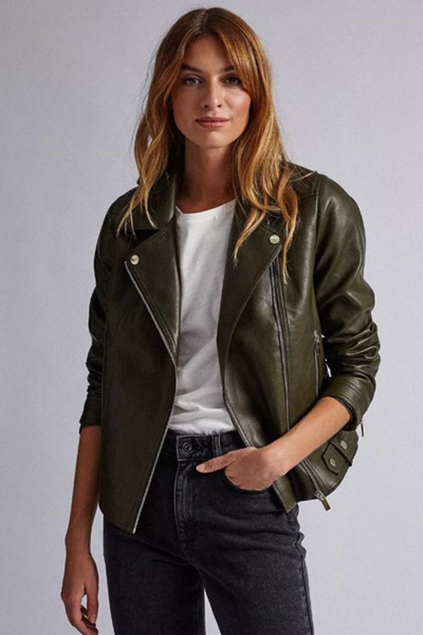 Olive Faux Leather Biker Jacket