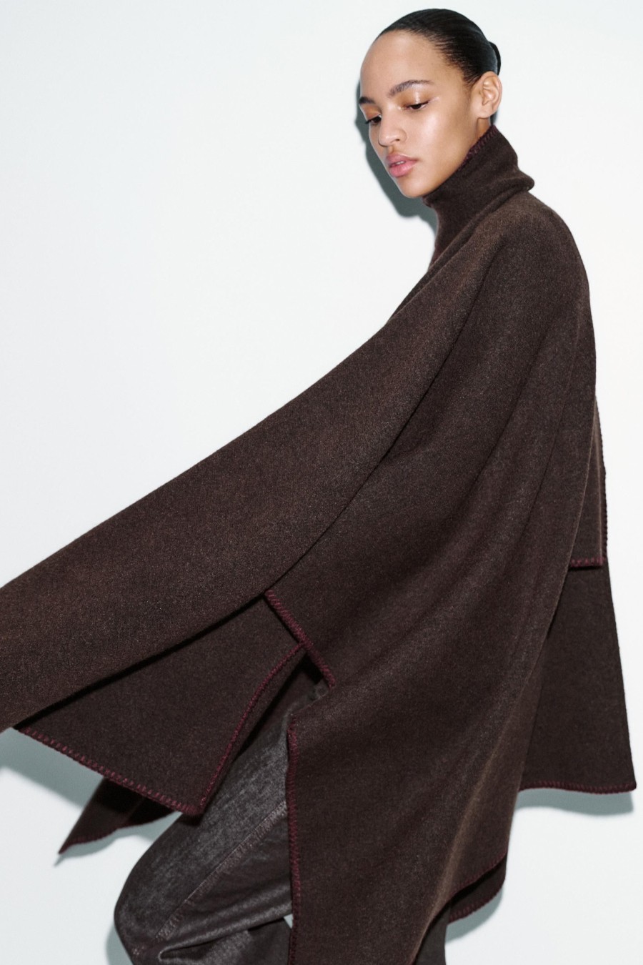 Knit Cape With Contrast Thread Scarf