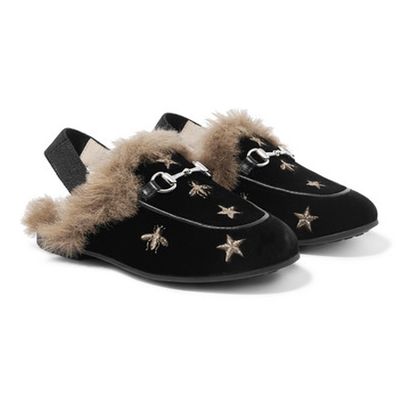 Princetown Faux-Fur Lined Embroidered Velvet Slippers from Gucci Kids