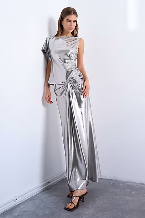 Metallic Knot Midi Skirt In Silver