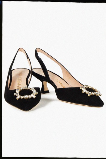 Melia 50 Crystal-Embellished Suede Slingback Pumps