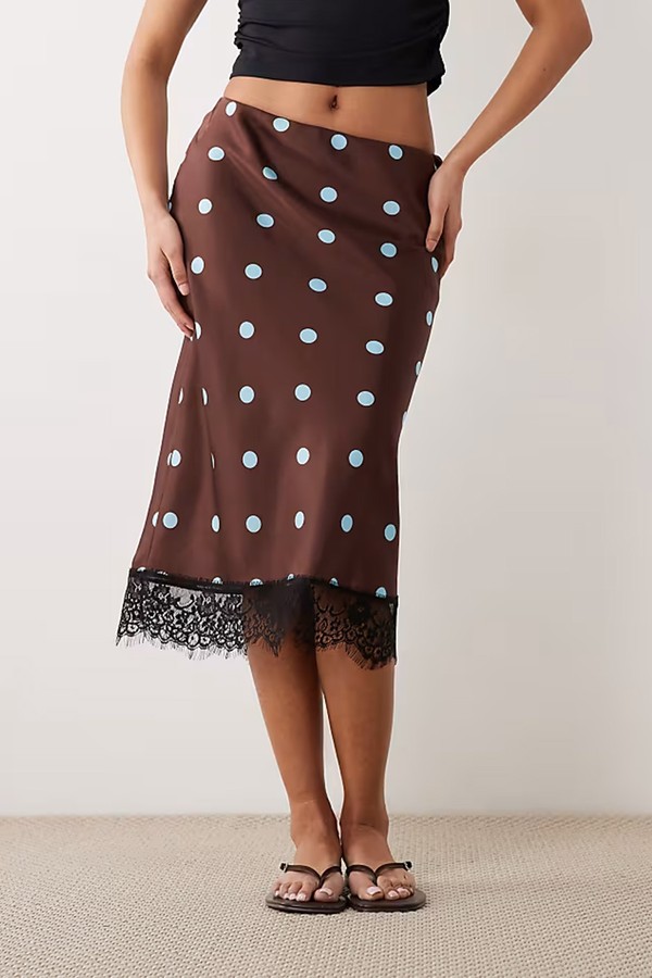 Satin Polka Dot Lace Hem Midi from New Look