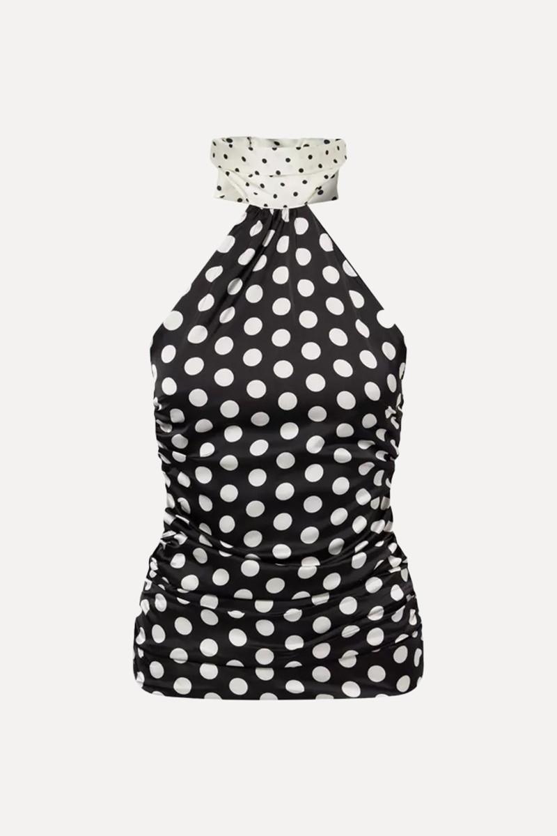 Polka Dot Scarf-Neck Satin Top from Amy Lynn