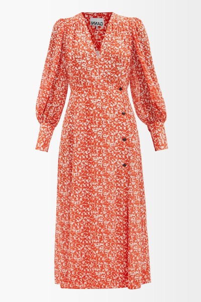 Balloon-Sleeve Floral-Print Crepe Midi Dress from Ganni