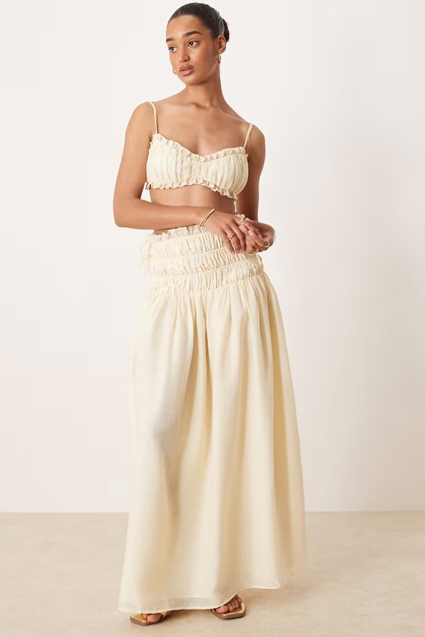 Linen Look Ruched Bralette Top & Dropped Waist Maxi Skirt Co-Ord from Wanderdoll Soulie