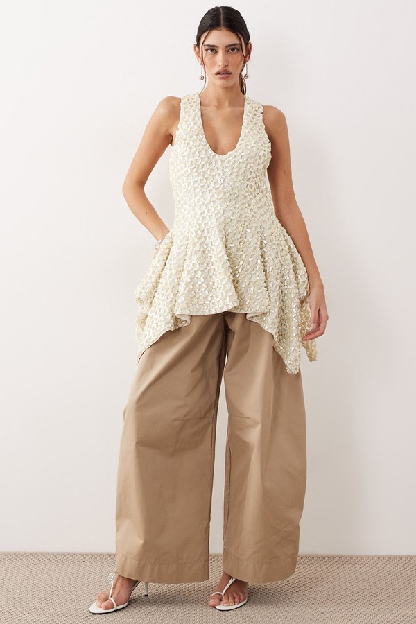 All Over Pearl Embellished Square Hem Peplum Top