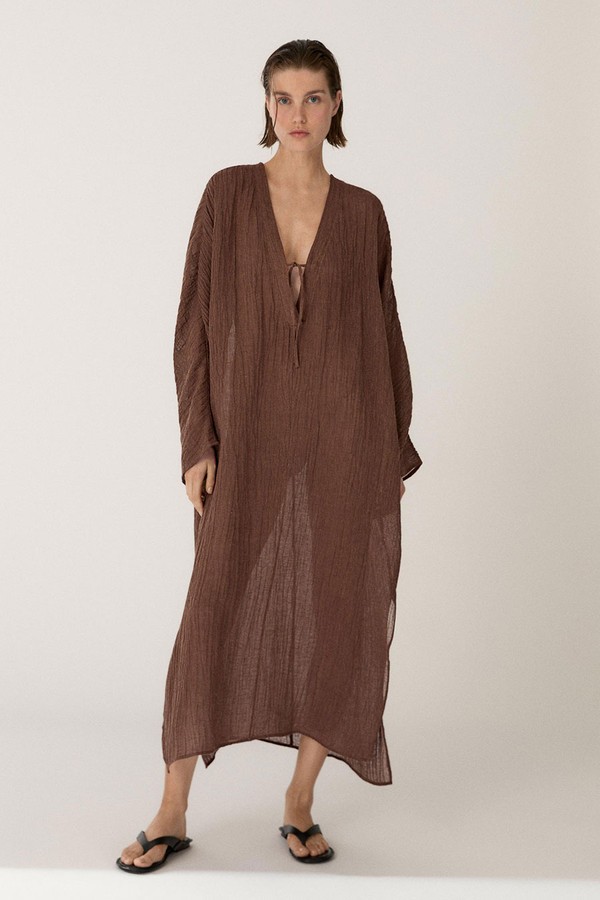 Linen Blend Kaftan Dress With Tied Neckline