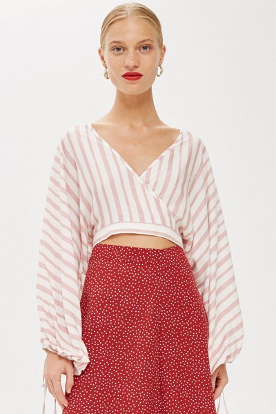 Stripe Balloon Sleeve Crop Top from Topshop