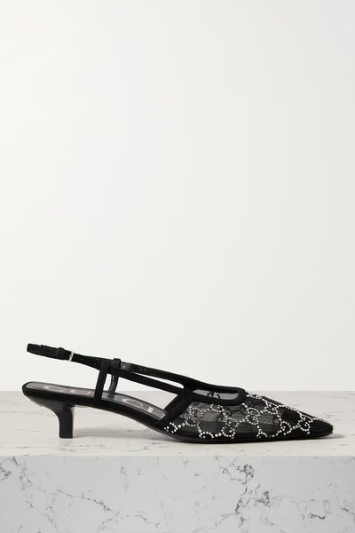 Demi Suede-Trimmed Crystal-Embellished Mesh Slingback Pumps from Gucci