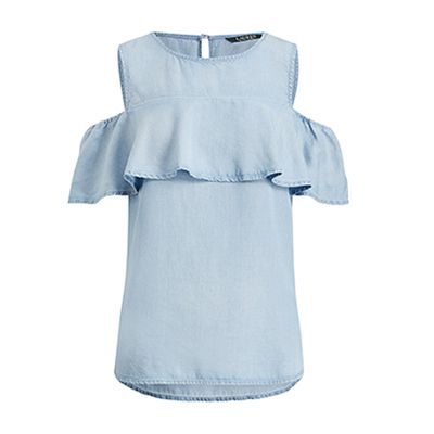 Ruffled-Overlay Twill Blouse