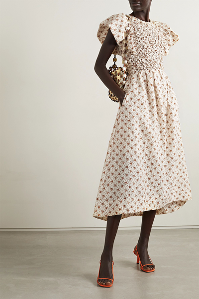 Wilma Smocked Cutout Matelassé Cotton-Blend Midi Dress from Sea
