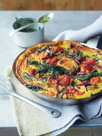 Sweet Potato, Cavolo Nero & Plum Tomato Frittata With Basil Oil