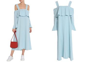 Cold-Shoulder Bow-Detailed Ruffled Crepe Midi Dress from Ganni