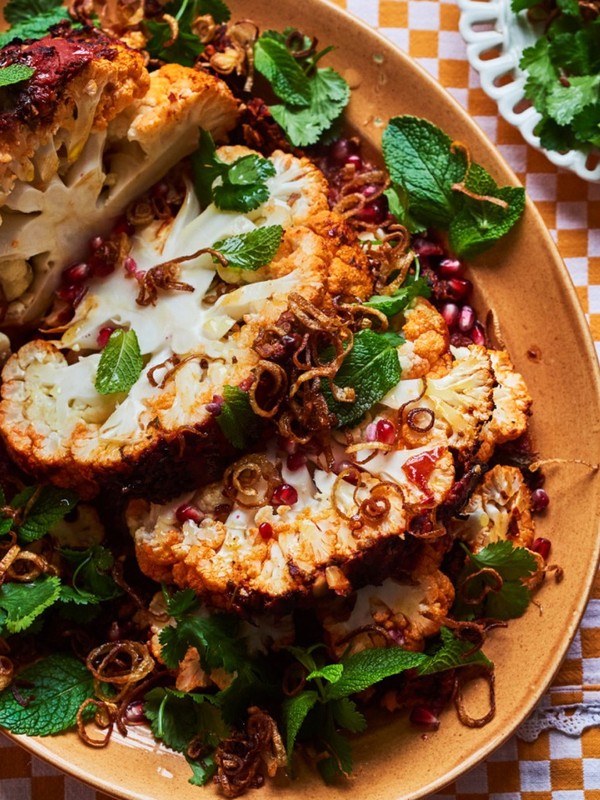 Whole Harissa-Roasted Cauliflower With Crispy Onions