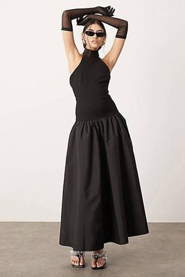 Halterneck Drop Waist Maxi Dress In Contrast Fabric