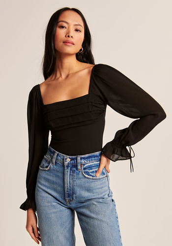 Long-Sleeve Pleated Tie-Sleeve Top