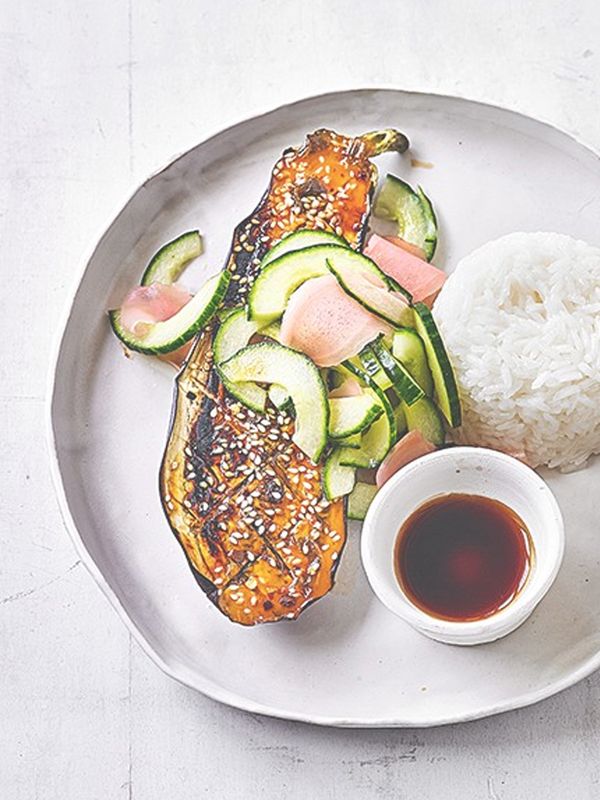 Miso-Glazed Aubergine With Pickled Ginger Cucumber