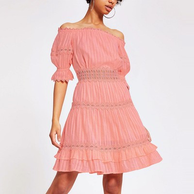 Coral Lace Bardot Dress