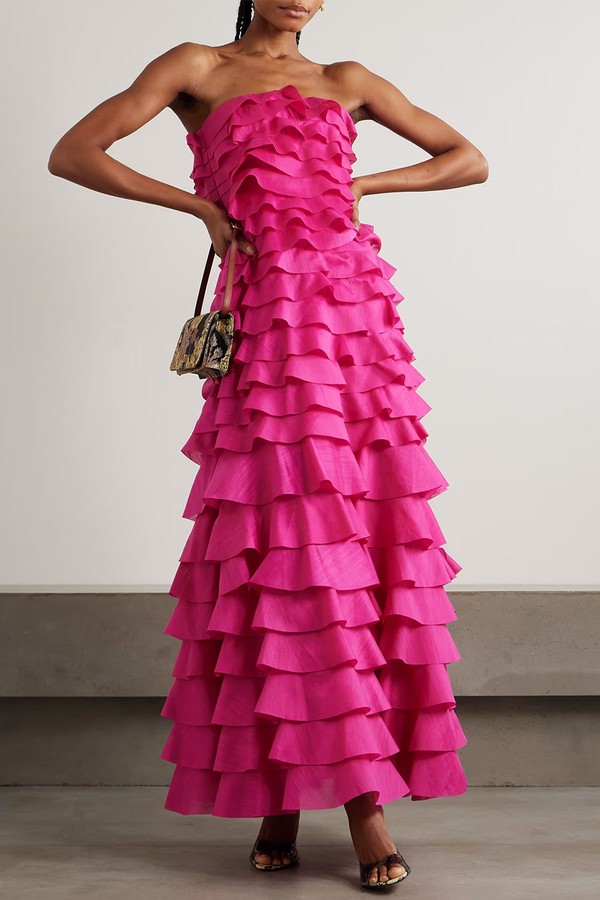 Fleur Strapless Ruffled Tiered Gauze Gown from AJE