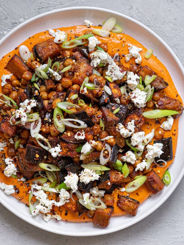 Roasted Aubergine & Chickpea Salad With Harissa Cream