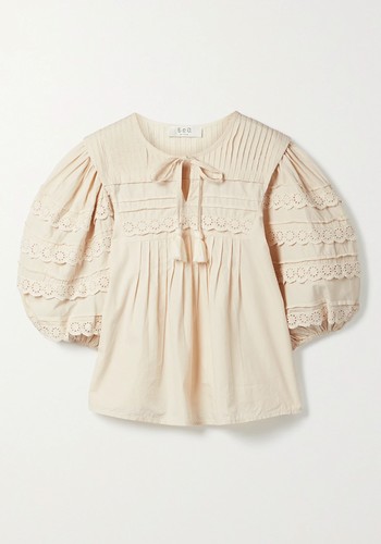 Tasseled Pleated Broderie Anglaise Cotton Blouse from Sea