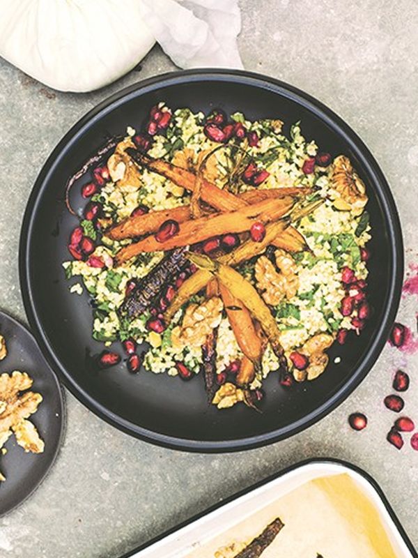 Honey Roasted Carrot Salad With Bulgur Wheat, Walnuts, Pomegranate Seeds & Labneh