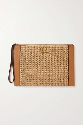 Leather Trimmed Faux Raffia Pouch from Valentino