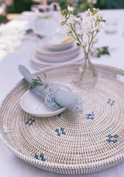 Handwoven Round Tray With Blue Design from Artisanne