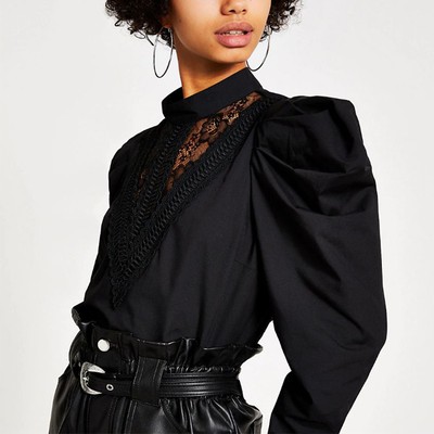 Black Lace Panel Nigh Neck Top