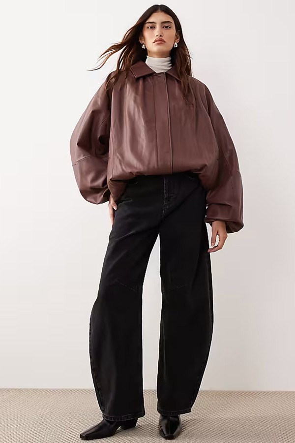 Oversized Leather Bomber Coat With Balloon Sleeve from ARRANGE