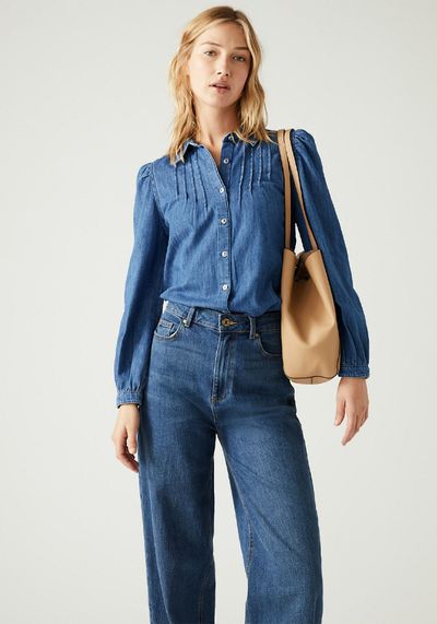 Denim Collared Pintuck Shirt