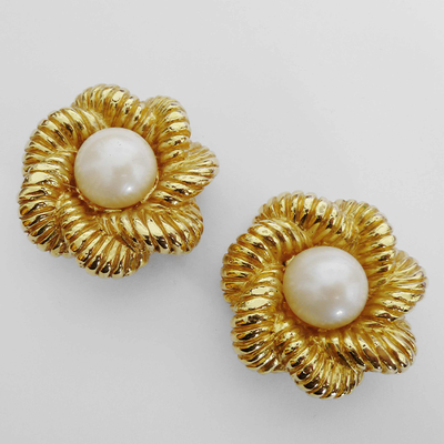 Escada Gold Tone Clip Earrings Pearl
