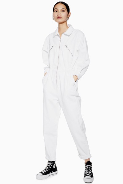 White Denim Utility Zip Boiler Suit