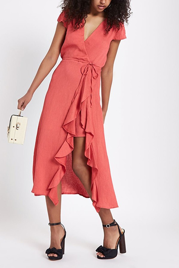 Pink Frill Tie Waist Midi Dress