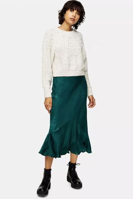 Emerald Green Satin Flounce Midi Skirt