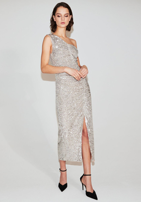 Silver Sequin Gathered Asymmetric Midi Dress from Self-Portrait x Relove