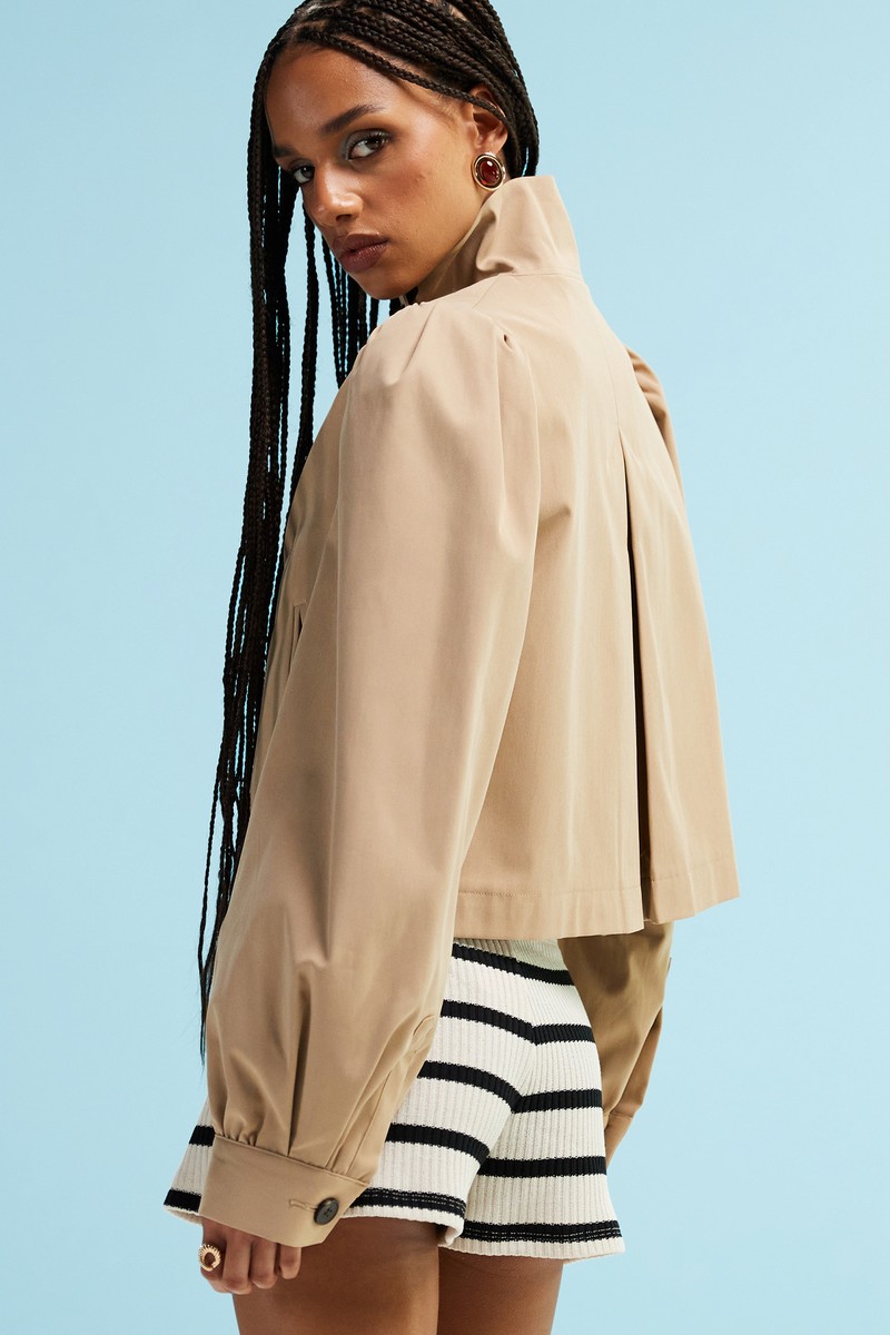 Gathered Sleeve Cropped Trench Coat