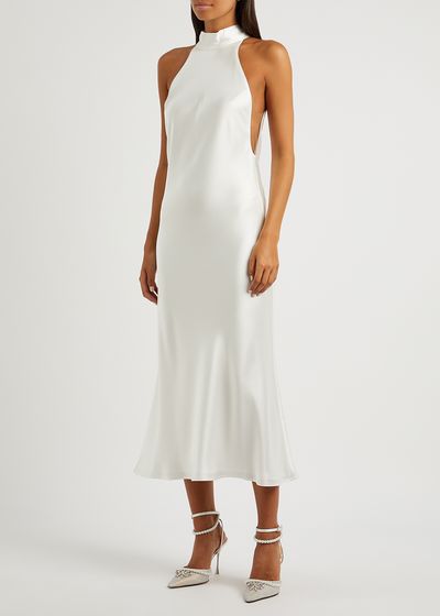 Cova White Halterneck Satin Midi Dress from Galvan