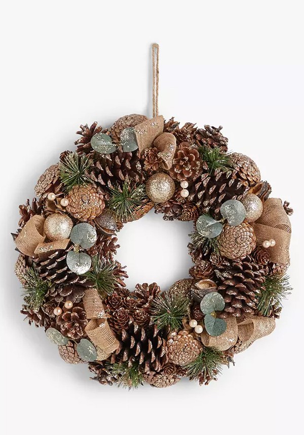 Glitter Pine Cone Wreath, Champagne from John Lewis