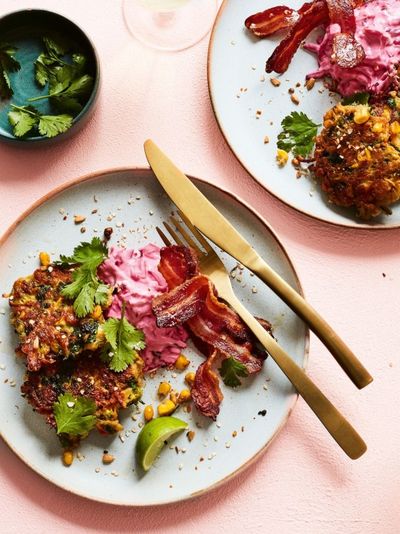 Corn & Quinoa Fritters With Crispy Bacon & Beetroot Yoghurt